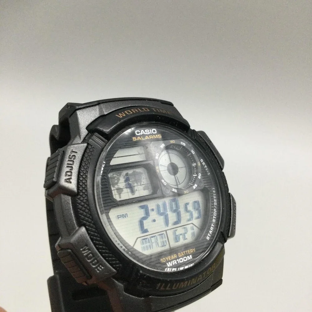 Casio 3198 AE1000W Mens Watch 44mm World Time Digital Black 5 Alarms WR100M